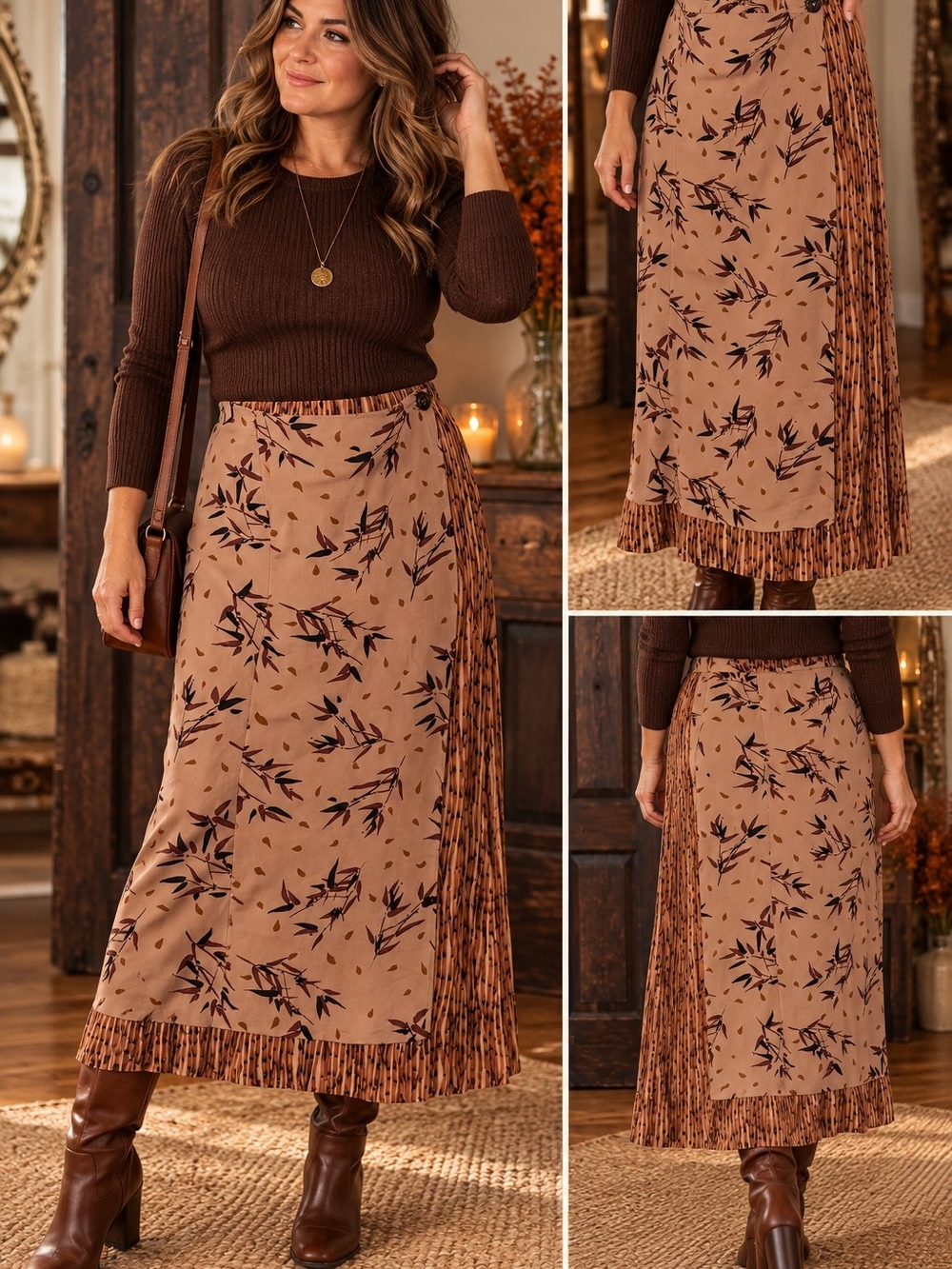 Vintage 90s Botanical Print Midi Skirt RaPleated Panel Floral Maxi Skirt  Brown